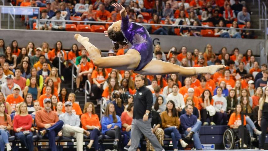 Aleah Finnegan of LSU competes on the floor during a gymnastics meet against Auburn at Neville Arena 